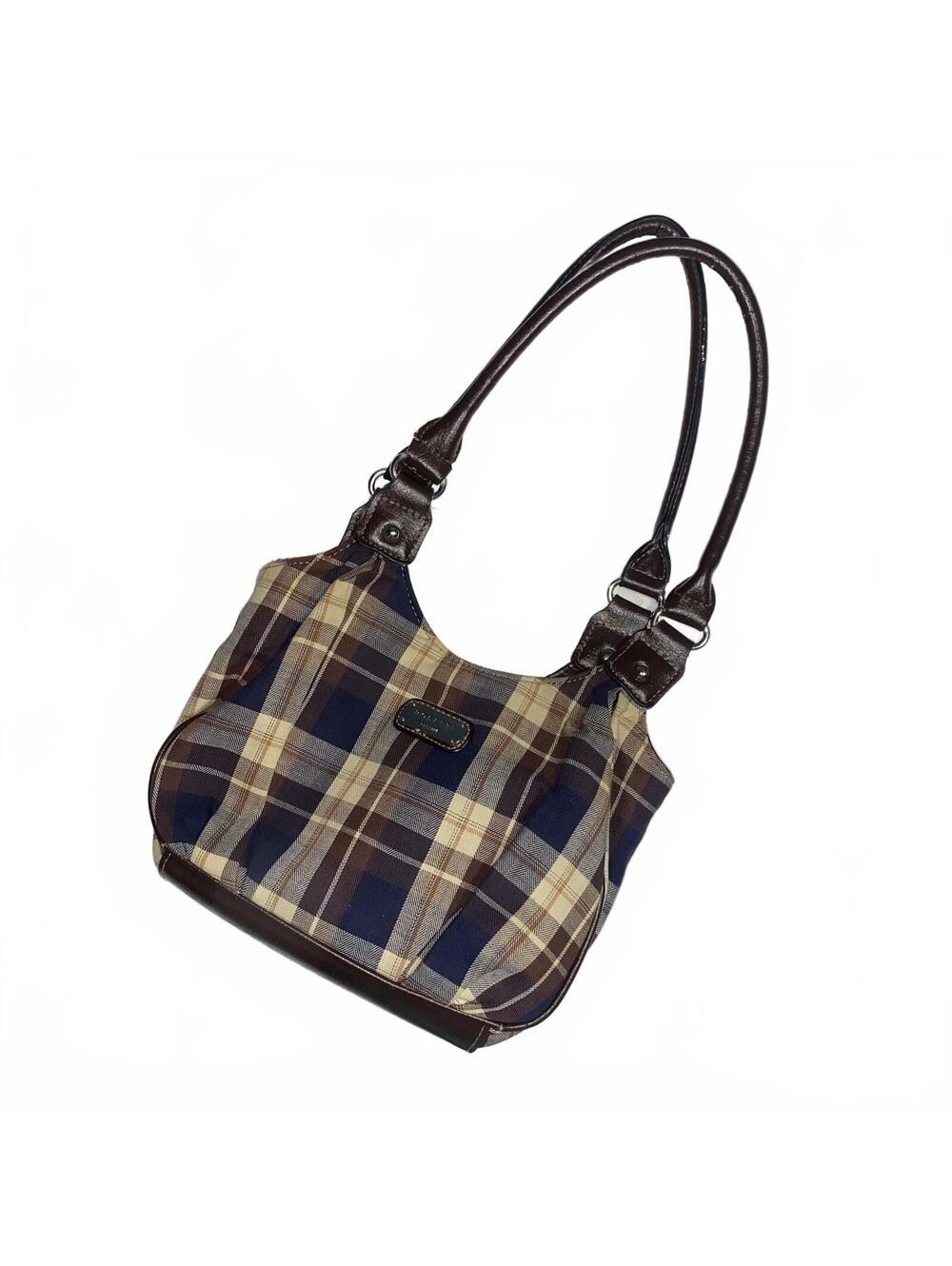 Vintage Y2K Plaid Shoulder Bag Purse Brown Blue Preppy 2000s Retro Chic